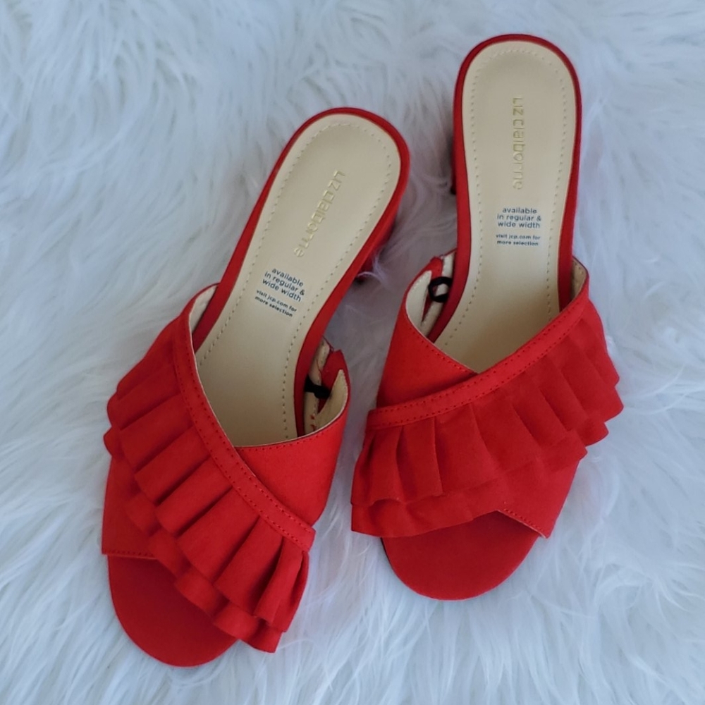 Red Ruffle Heels Liz Claiborne Slip Ons Mule Heel